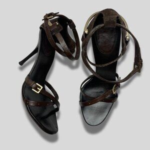 GUCCI Logo Horsebit Equestrian Chocolate Leather /Suede Strappy Heels Size 38